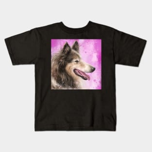 Painting of a Brown and White Furry Collie Dog Smiling Kids T-Shirt